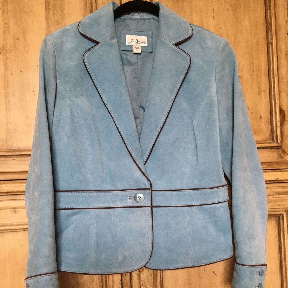 J. Marco blue suede jacket with brown trim, size S